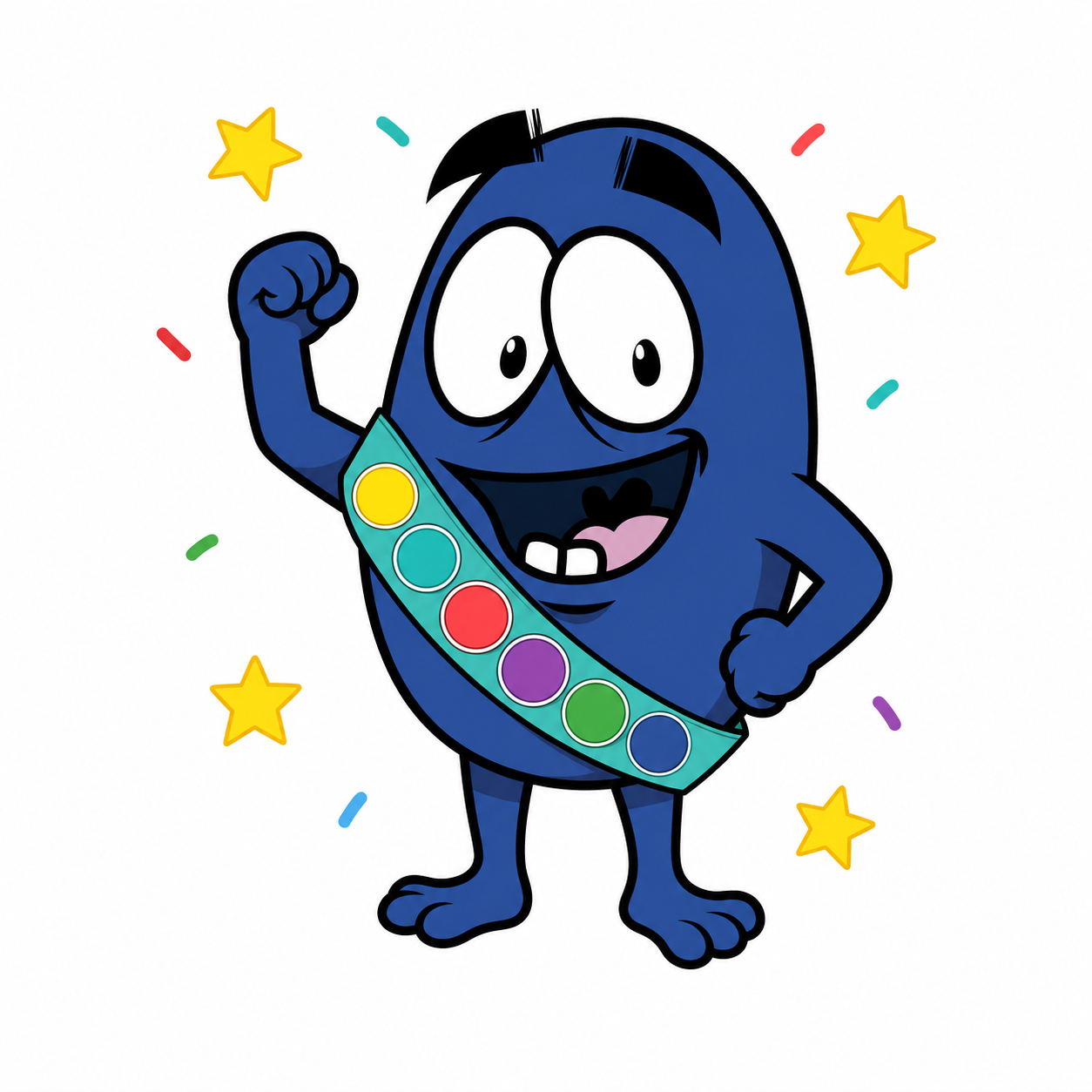 Hiccup raising a fist with a colorful confidence sash