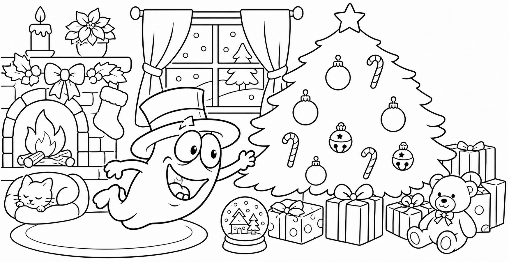 Christmas line art with Hiccup in a Santa hat, a tree, gifts, and stockings.