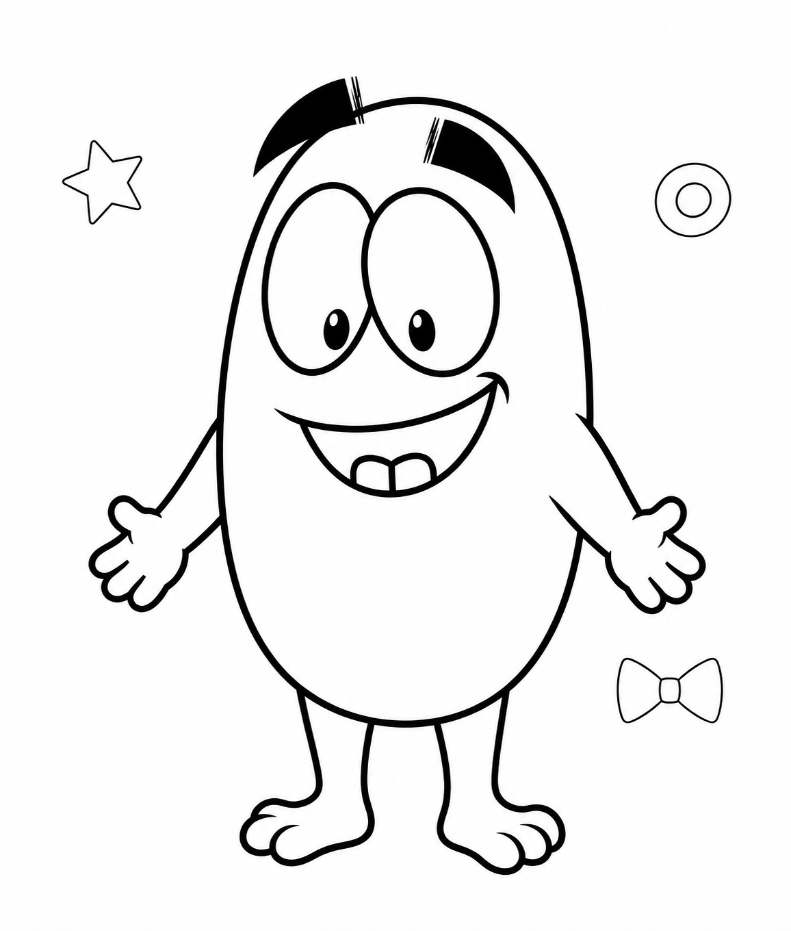 Outline of a smiling Hiccup with arms out, beside star, circle, and bow shapes.