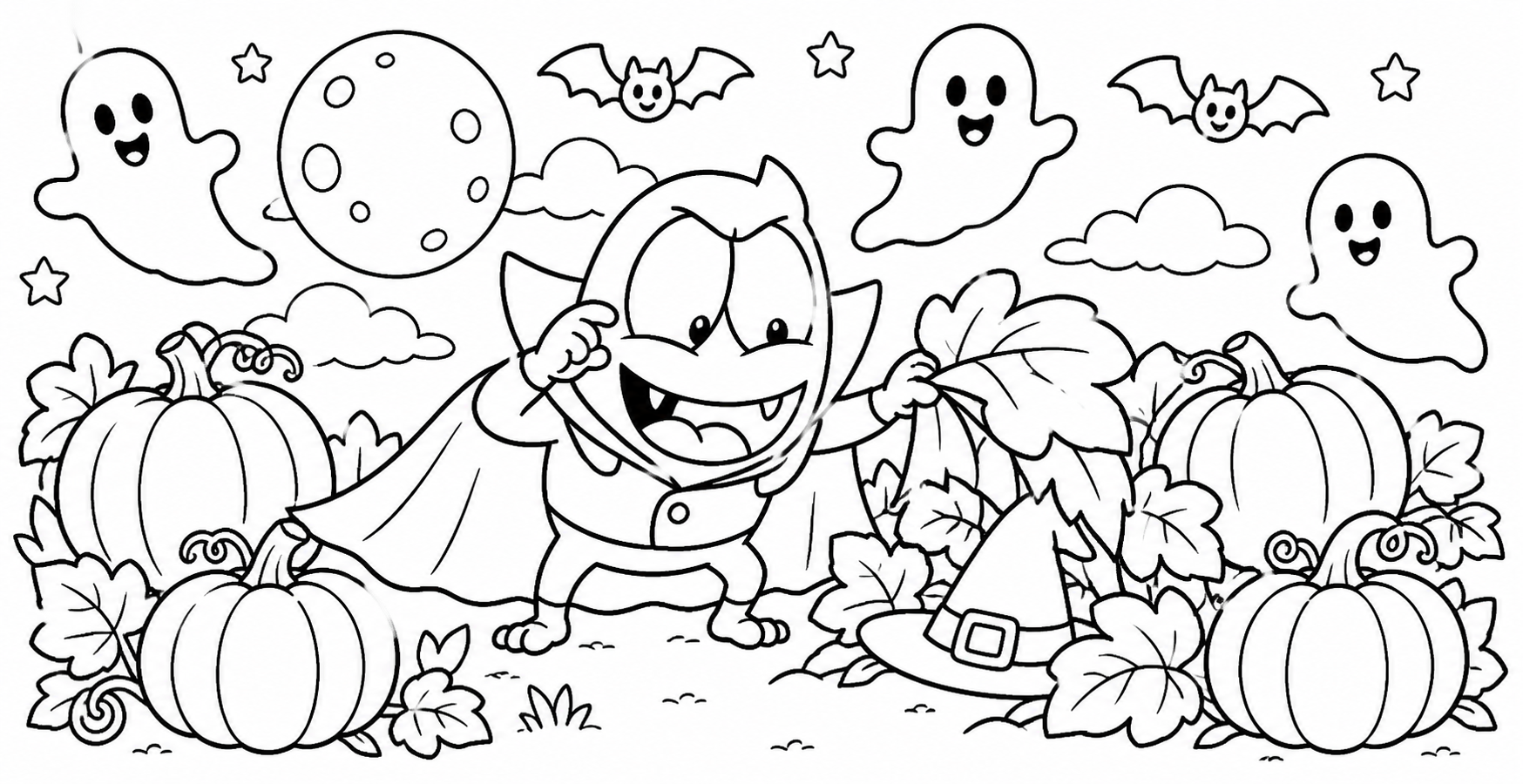 Halloween line art with Count Hiccup, pumpkins, ghosts, bats, and the moon.