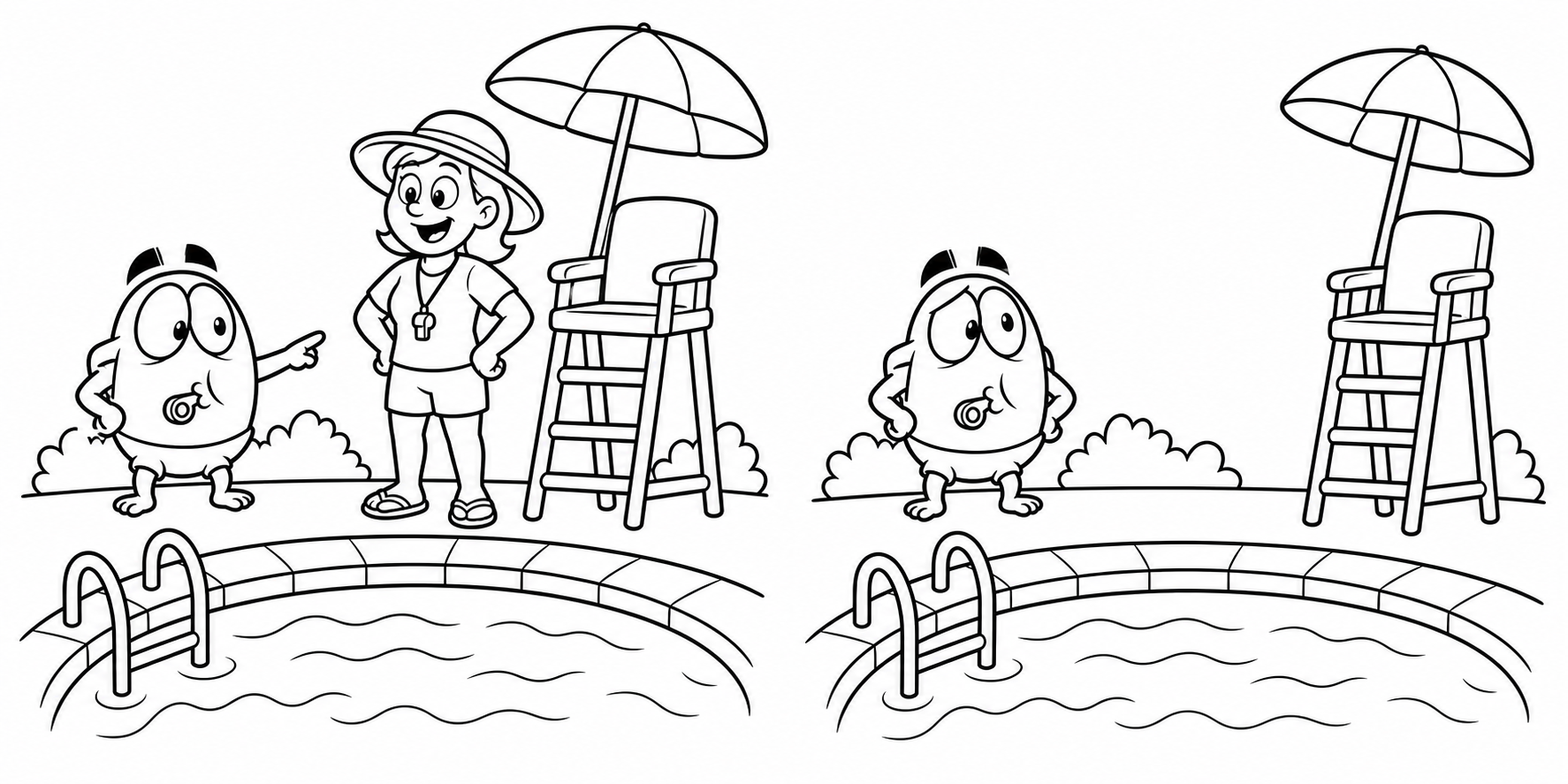 Two line-art poolside scenes with Hiccup and an occupied or empty lifeguard chair.