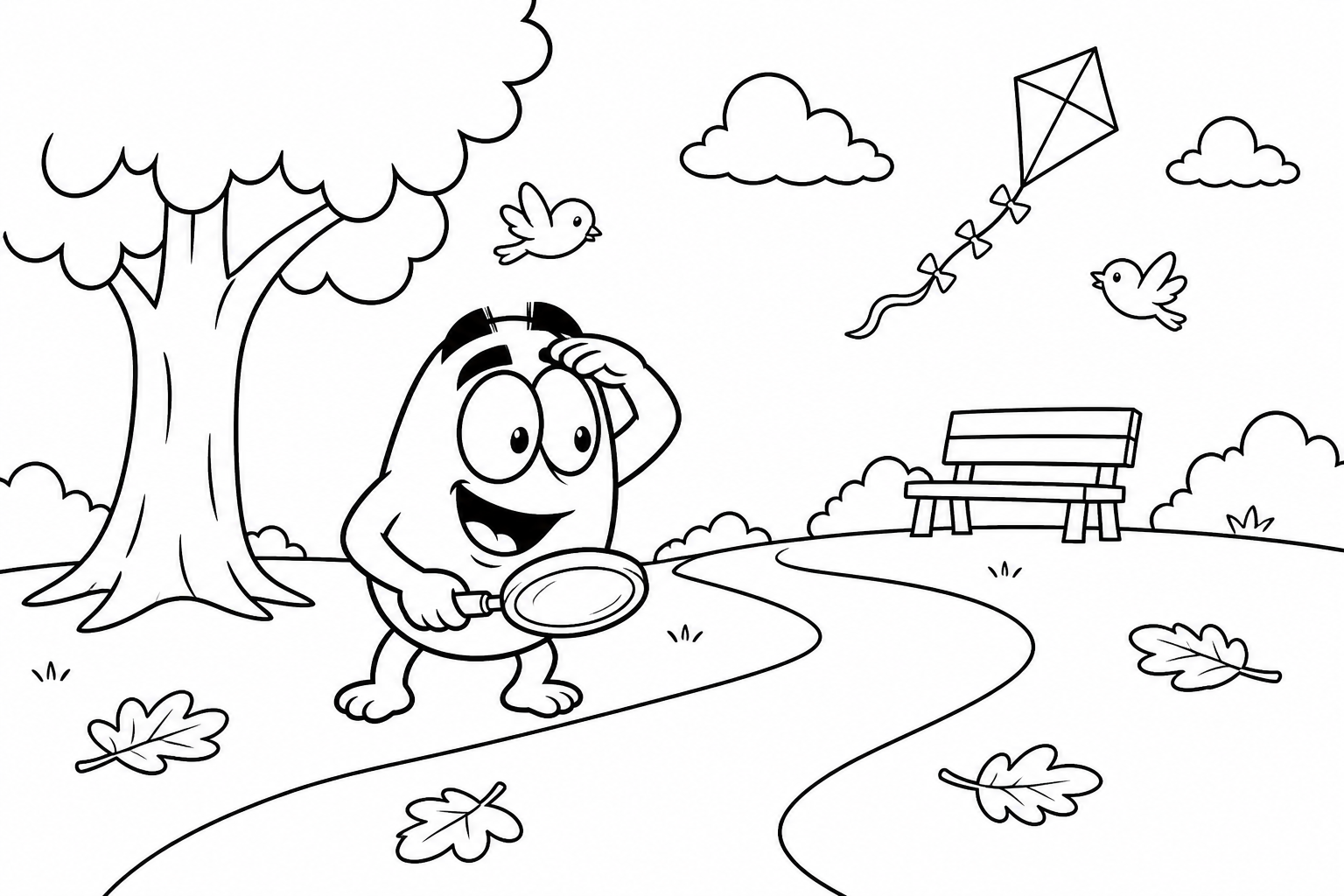 Line-art Hiccup exploring a park path with a magnifying glass, trees, a bench, and a kite.