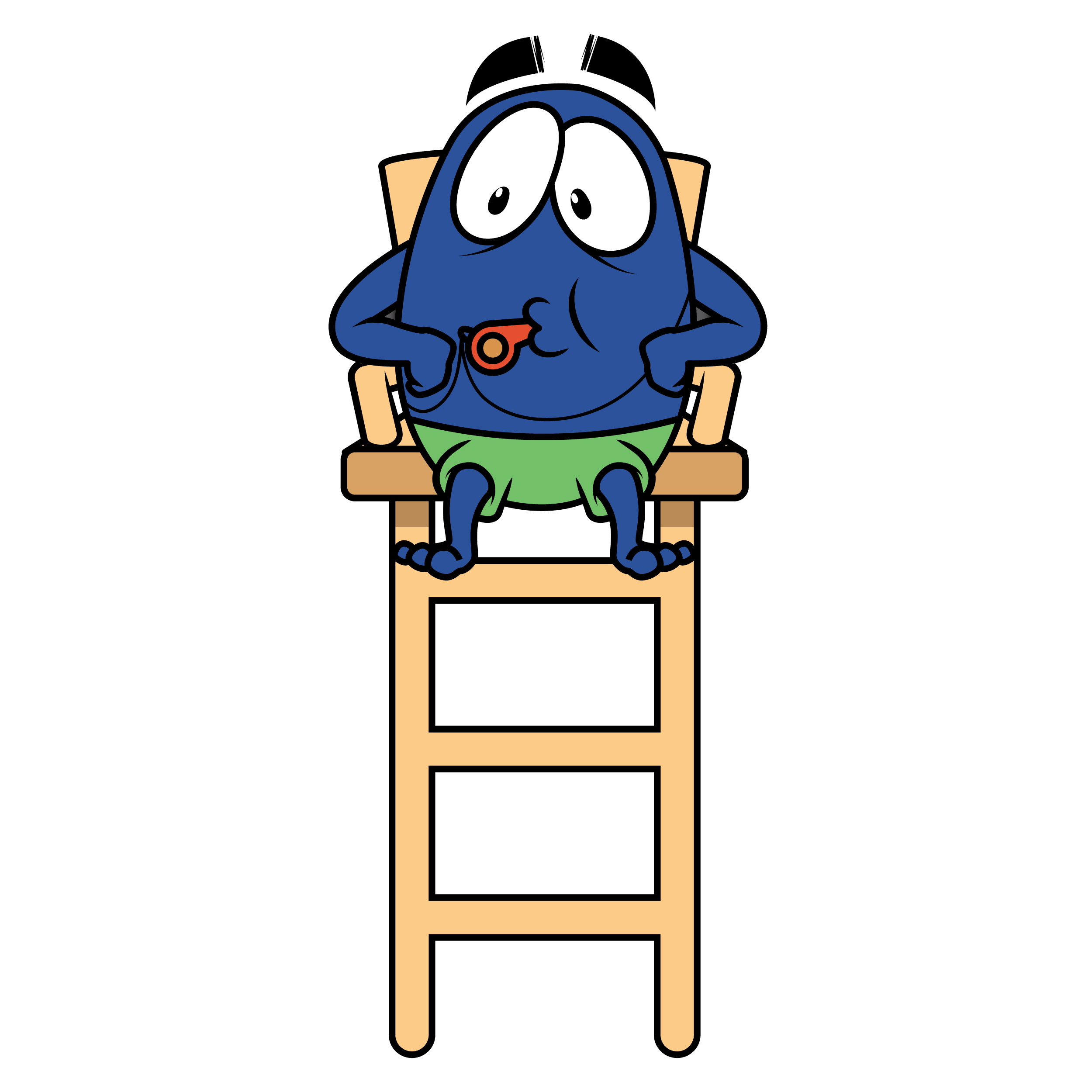 Blue Hiccup seated in a tall lifeguard chair with a whistle.